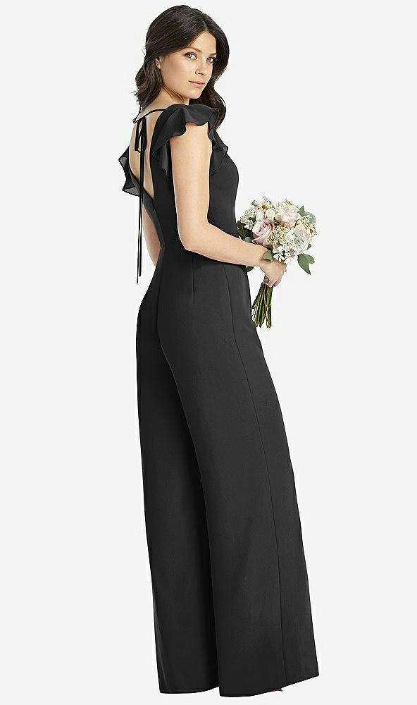 Back View - Black Ruffled Sleeve Low V-Back Jumpsuit - Adelaide