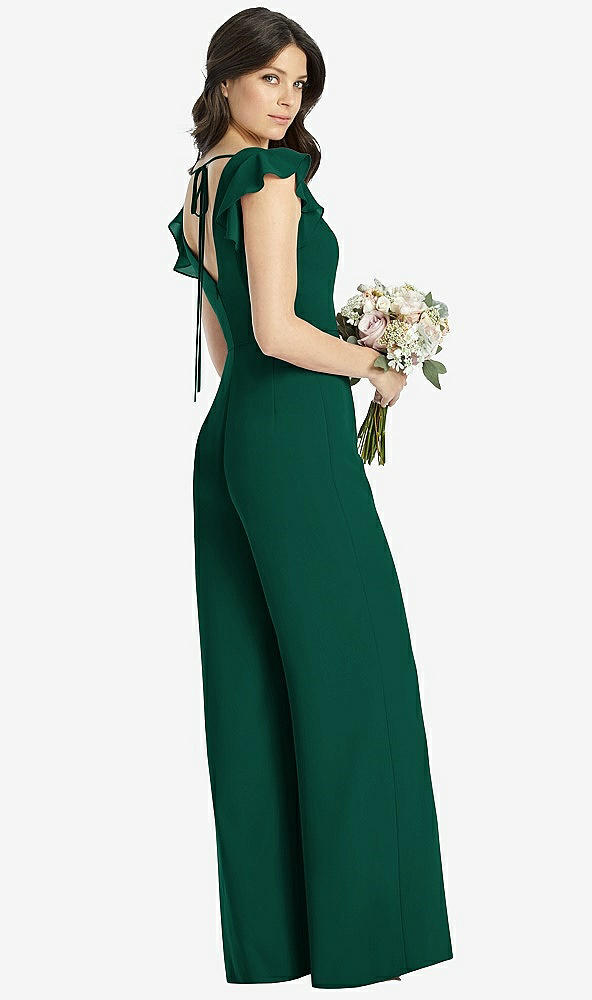 Back View - Hunter Green Ruffled Sleeve Low V-Back Jumpsuit - Adelaide