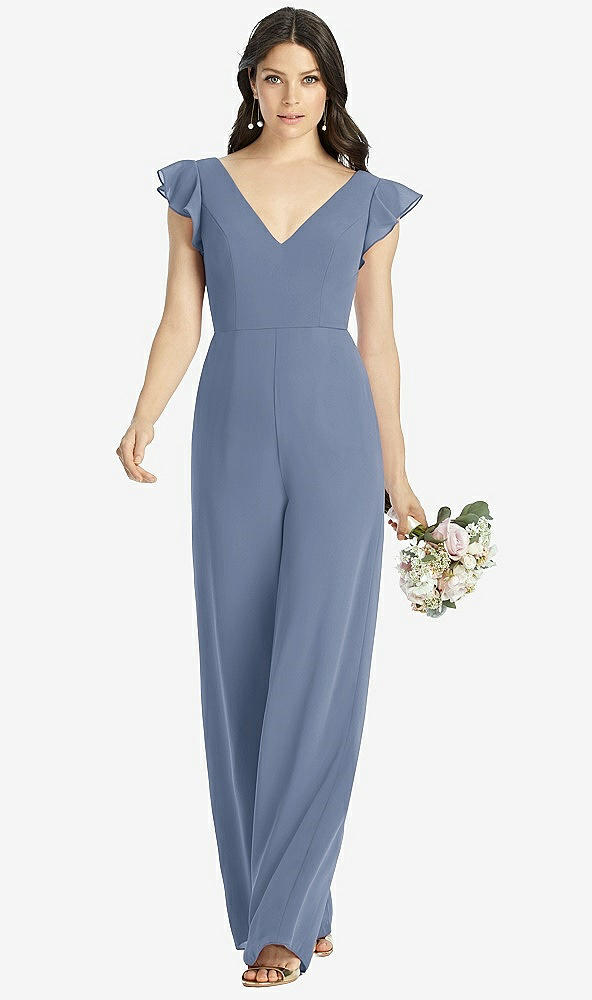 Front View - Larkspur Blue Ruffled Sleeve Low V-Back Jumpsuit - Adelaide