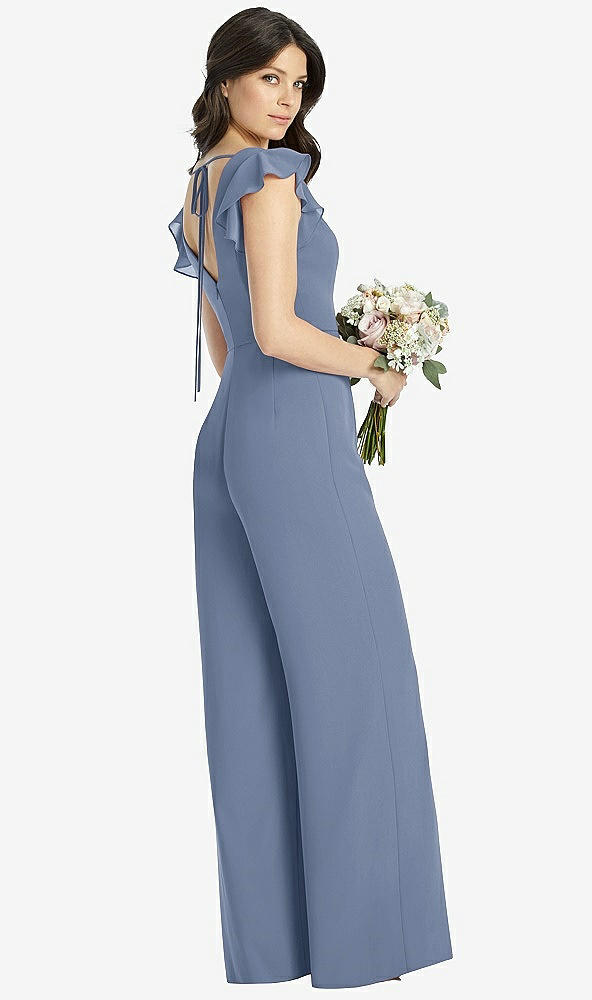 Back View - Larkspur Blue Ruffled Sleeve Low V-Back Jumpsuit - Adelaide