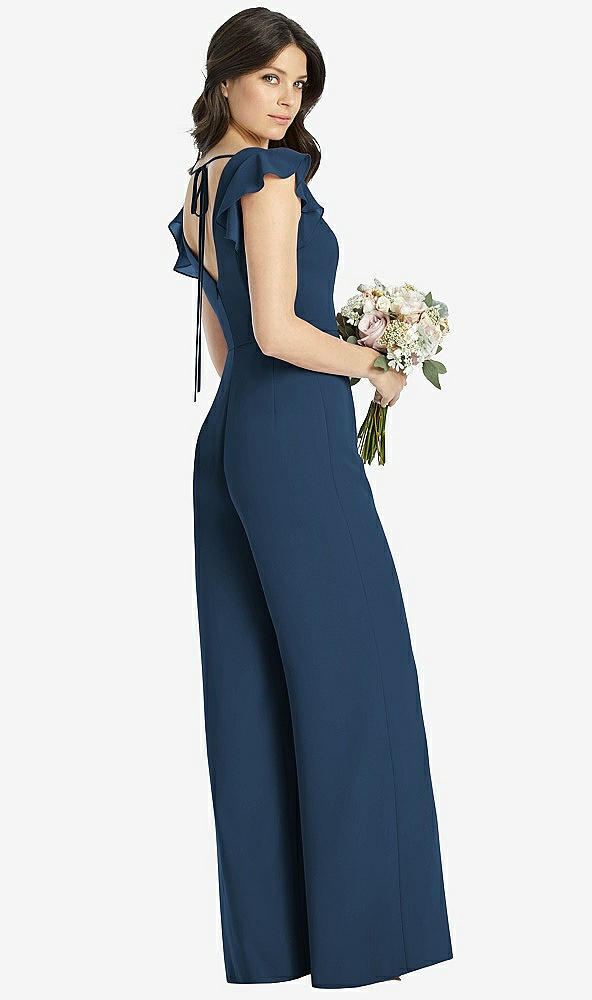 Back View - Sofia Blue Ruffled Sleeve Low V-Back Jumpsuit - Adelaide