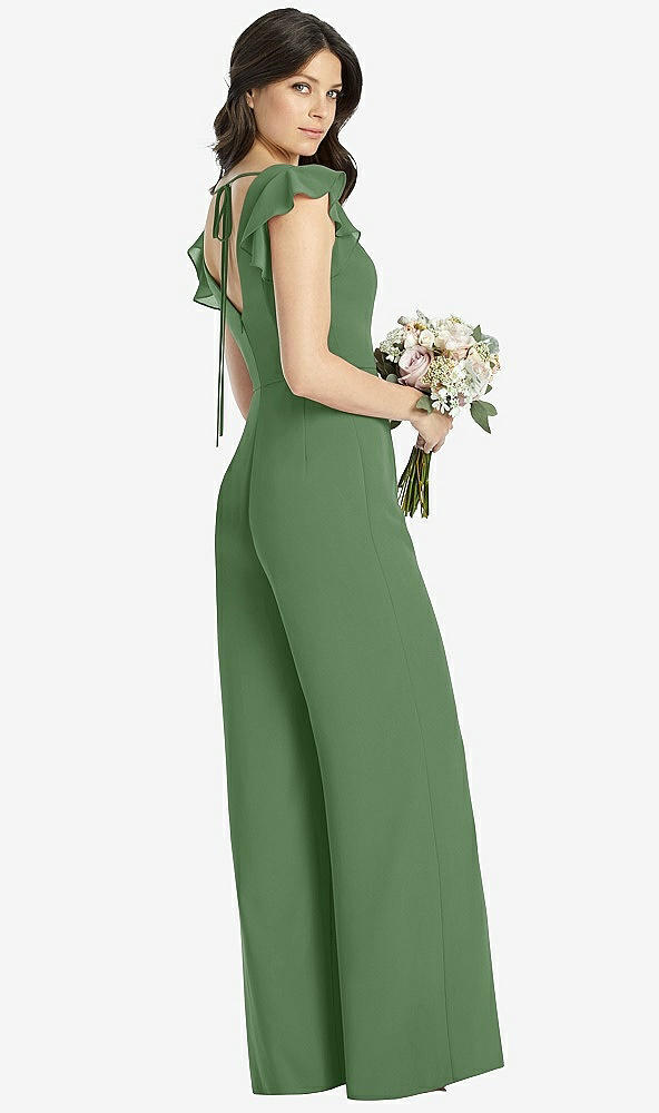 Back View - Vineyard Green Ruffled Sleeve Low V-Back Jumpsuit - Adelaide