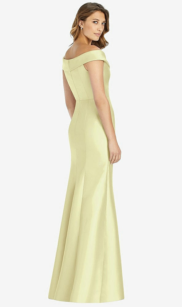 Back View - Butter Yellow Off-the-Shoulder Cuff Trumpet Gown with Front Slit