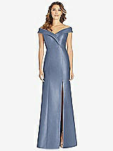 Front View Thumbnail - Larkspur Blue Off-the-Shoulder Cuff Trumpet Gown with Front Slit