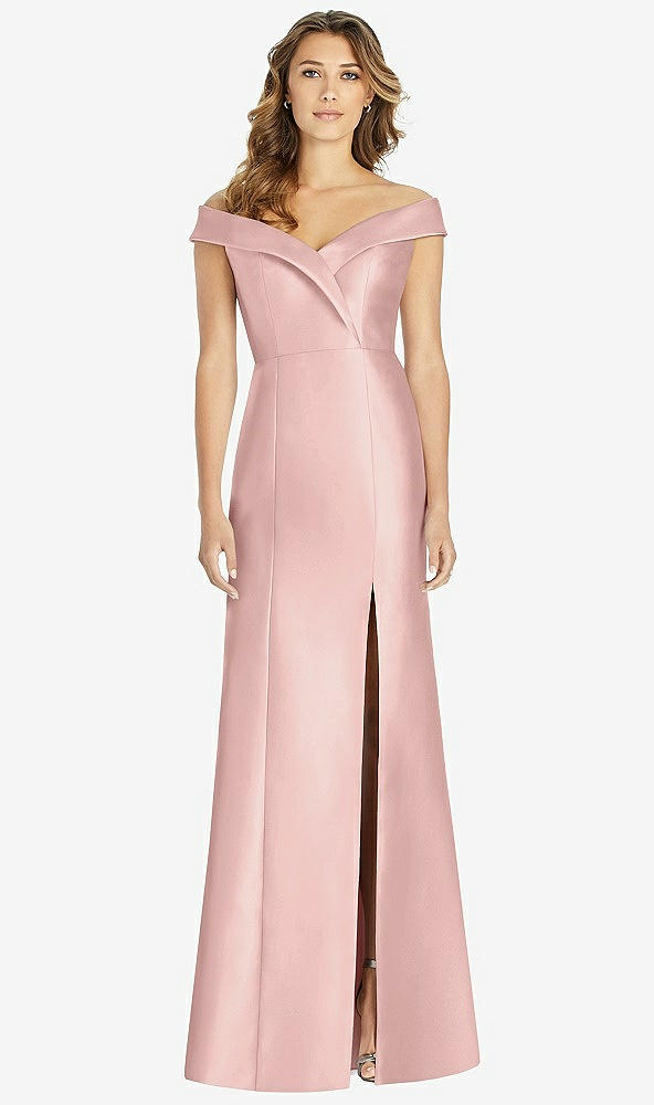 Front View - Rose - PANTONE Rose Quartz Off-the-Shoulder Cuff Trumpet Gown with Front Slit