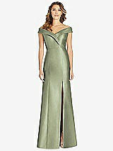 Front View Thumbnail - Sage Off-the-Shoulder Cuff Trumpet Gown with Front Slit