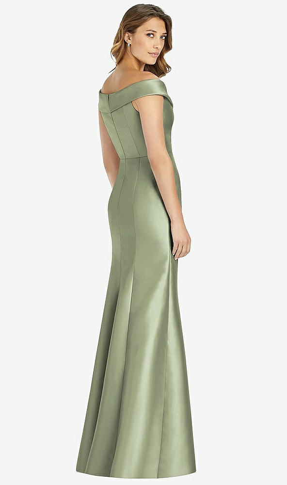 Back View - Sage Off-the-Shoulder Cuff Trumpet Gown with Front Slit