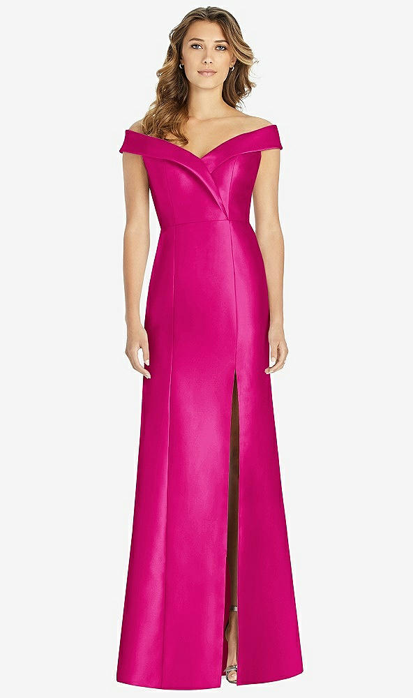 Front View - Think Pink Off-the-Shoulder Cuff Trumpet Gown with Front Slit