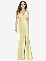 Front View Thumbnail - Butter Yellow V-Neck Halter Satin Trumpet Gown