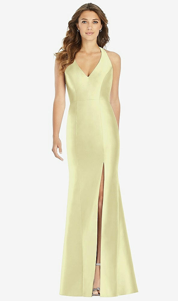 Front View - Butter Yellow V-Neck Halter Satin Trumpet Gown