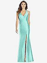 Front View Thumbnail - Coastal V-Neck Halter Satin Trumpet Gown