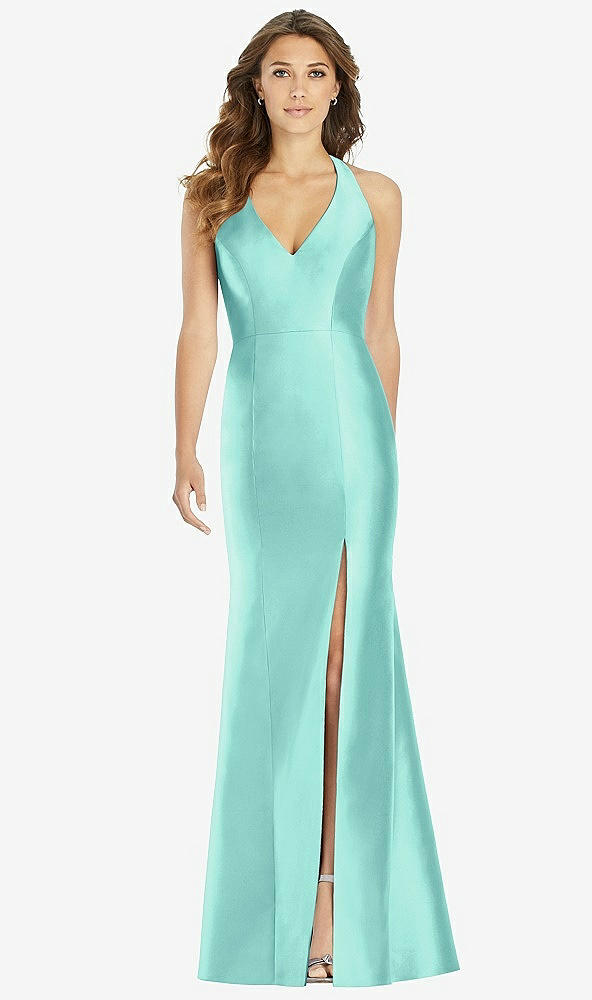 Front View - Coastal V-Neck Halter Satin Trumpet Gown