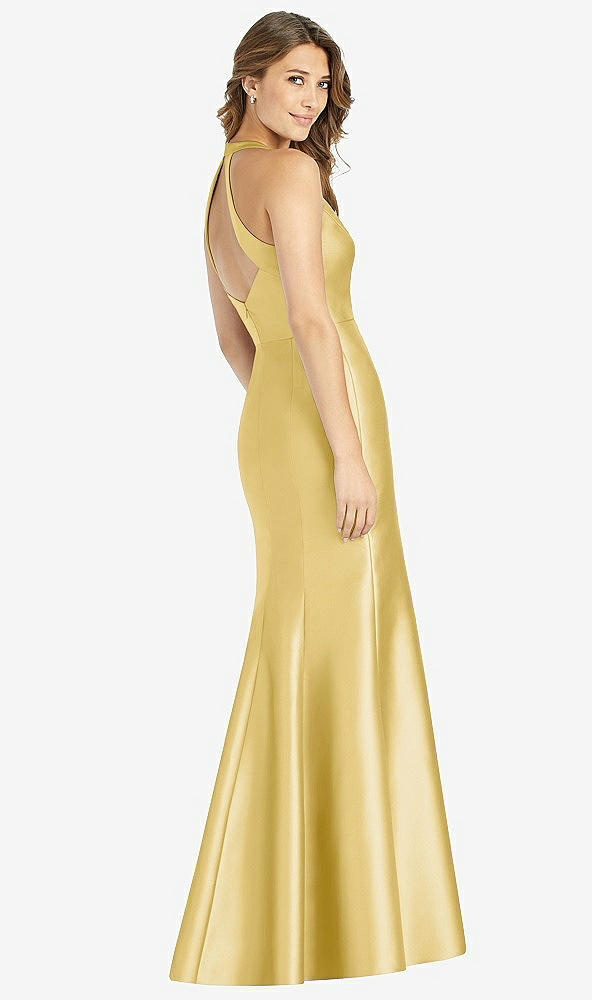 Back View - Maize V-Neck Halter Satin Trumpet Gown