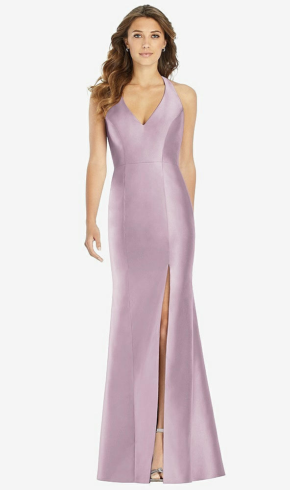 Front View - Suede Rose V-Neck Halter Satin Trumpet Gown