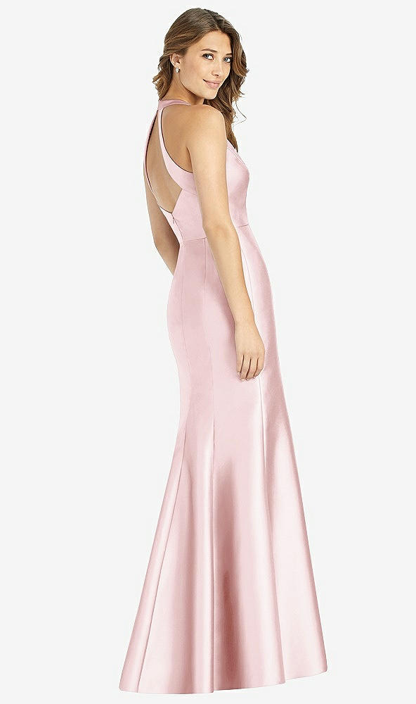 Back View - Ballet Pink V-Neck Halter Satin Trumpet Gown