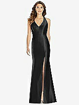 Front View Thumbnail - Black V-Neck Halter Satin Trumpet Gown