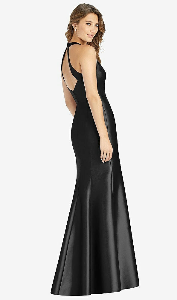 Back View - Black V-Neck Halter Satin Trumpet Gown