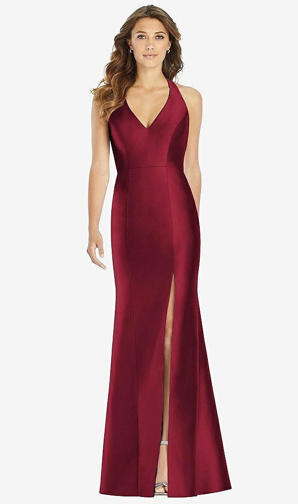 Front View - Burgundy V-Neck Halter Satin Trumpet Gown