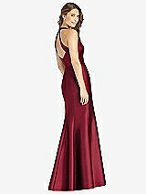 Rear View Thumbnail - Burgundy V-Neck Halter Satin Trumpet Gown