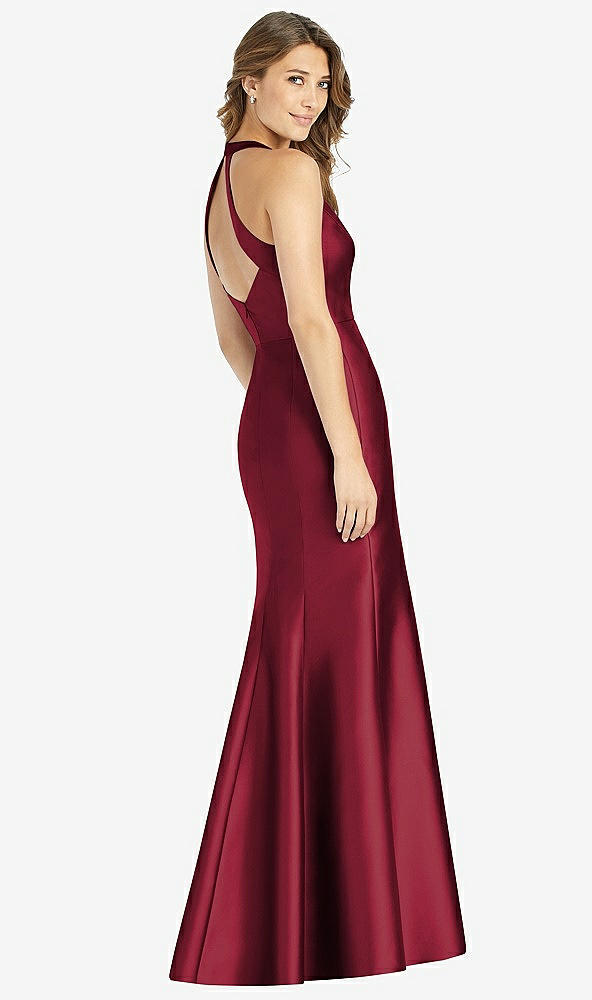 Back View - Burgundy V-Neck Halter Satin Trumpet Gown