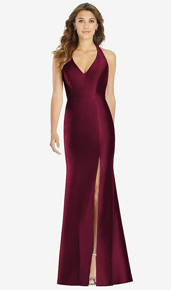 Front View - Cabernet V-Neck Halter Satin Trumpet Gown