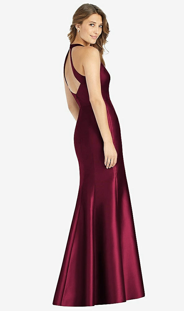 Back View - Cabernet V-Neck Halter Satin Trumpet Gown