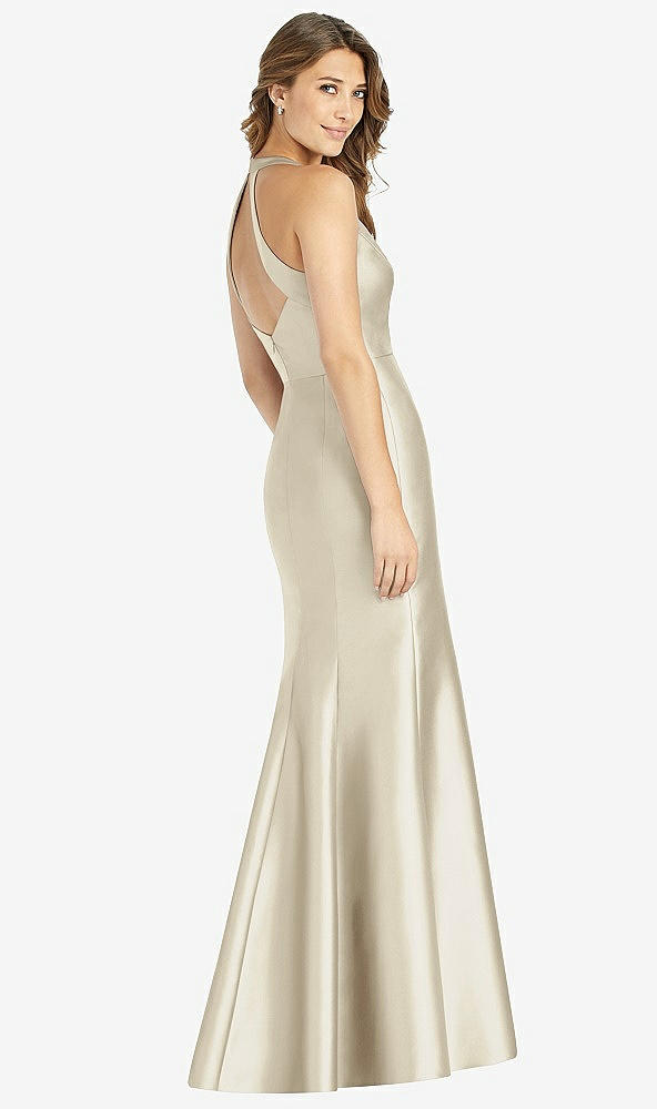 Back View - Champagne V-Neck Halter Satin Trumpet Gown