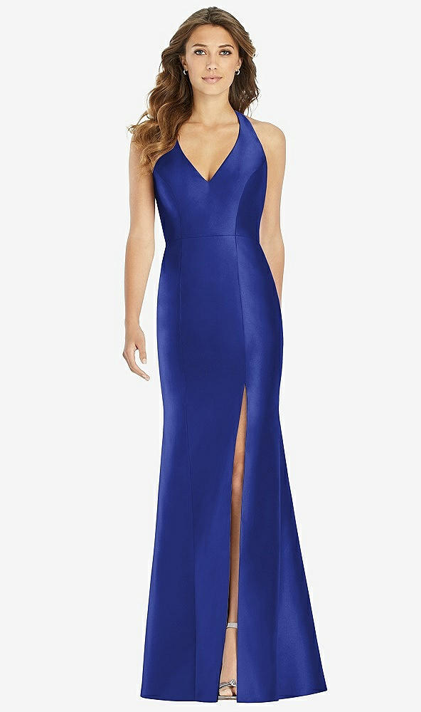 Front View - Cobalt Blue V-Neck Halter Satin Trumpet Gown