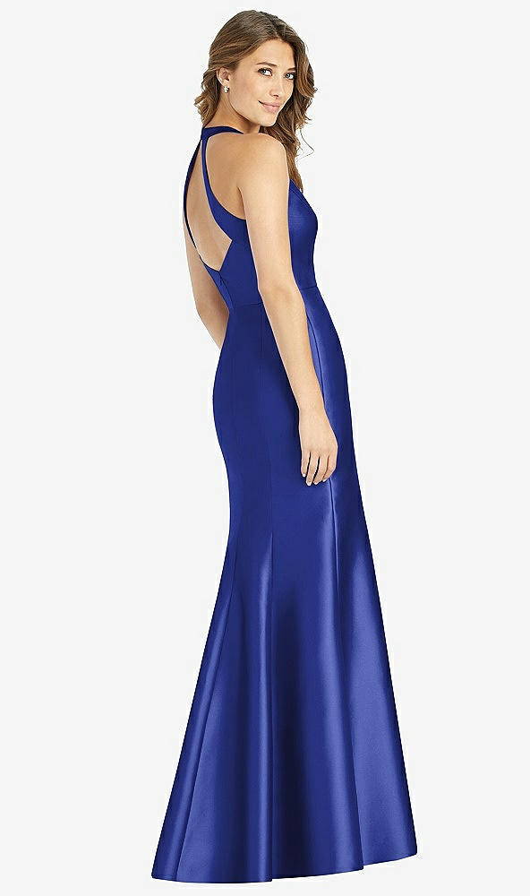 Back View - Cobalt Blue V-Neck Halter Satin Trumpet Gown