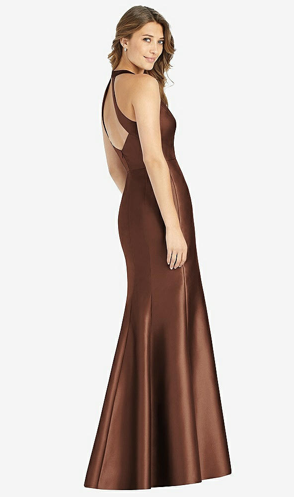 Back View - Cognac V-Neck Halter Satin Trumpet Gown