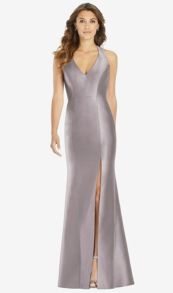 Front View - Cashmere Gray V-Neck Halter Satin Trumpet Gown