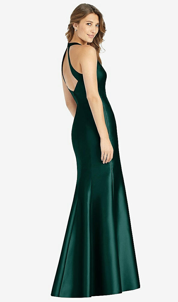 Back View - Evergreen V-Neck Halter Satin Trumpet Gown