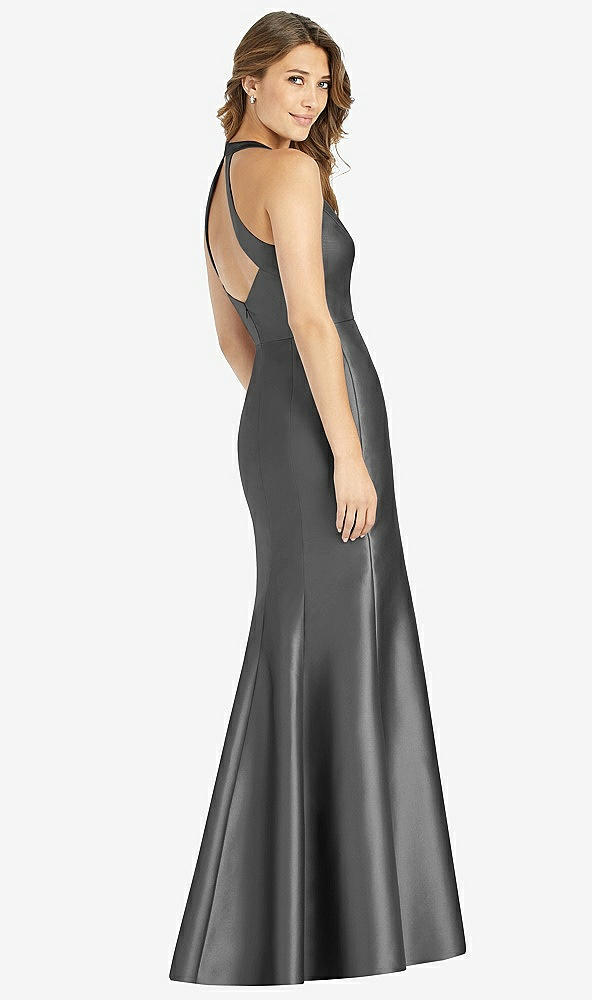 Back View - Gunmetal V-Neck Halter Satin Trumpet Gown