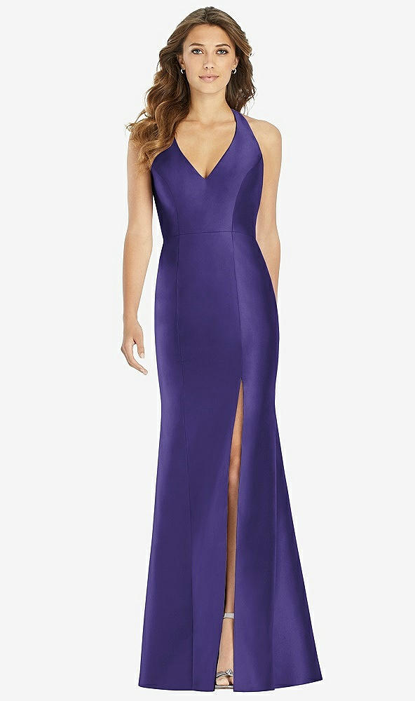 Front View - Grape V-Neck Halter Satin Trumpet Gown