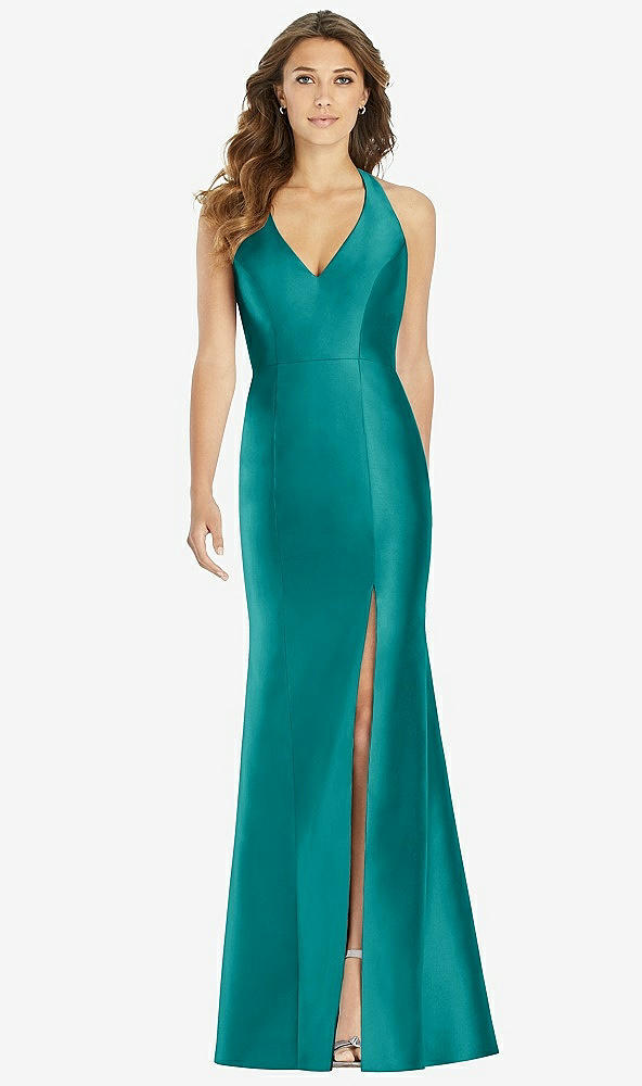 Front View - Jade V-Neck Halter Satin Trumpet Gown