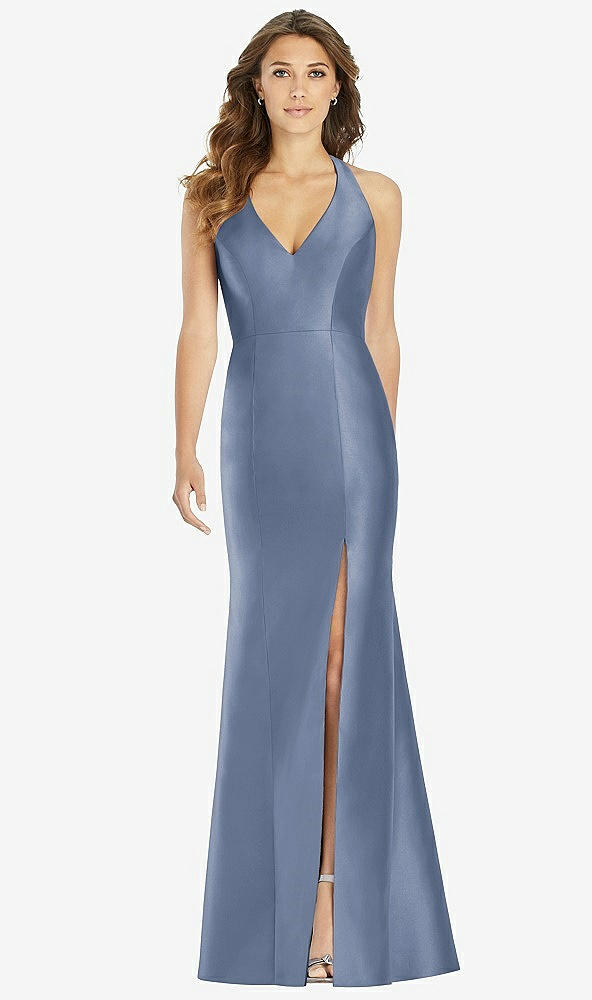 Front View - Larkspur Blue V-Neck Halter Satin Trumpet Gown