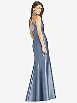 Rear View Thumbnail - Larkspur Blue V-Neck Halter Satin Trumpet Gown