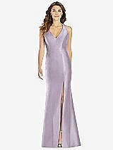 Front View Thumbnail - Lilac Haze V-Neck Halter Satin Trumpet Gown