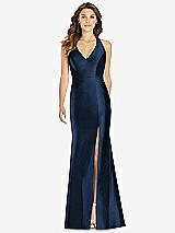 Front View Thumbnail - Midnight Navy V-Neck Halter Satin Trumpet Gown