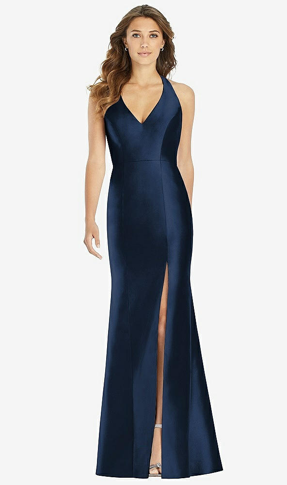 Front View - Midnight Navy V-Neck Halter Satin Trumpet Gown