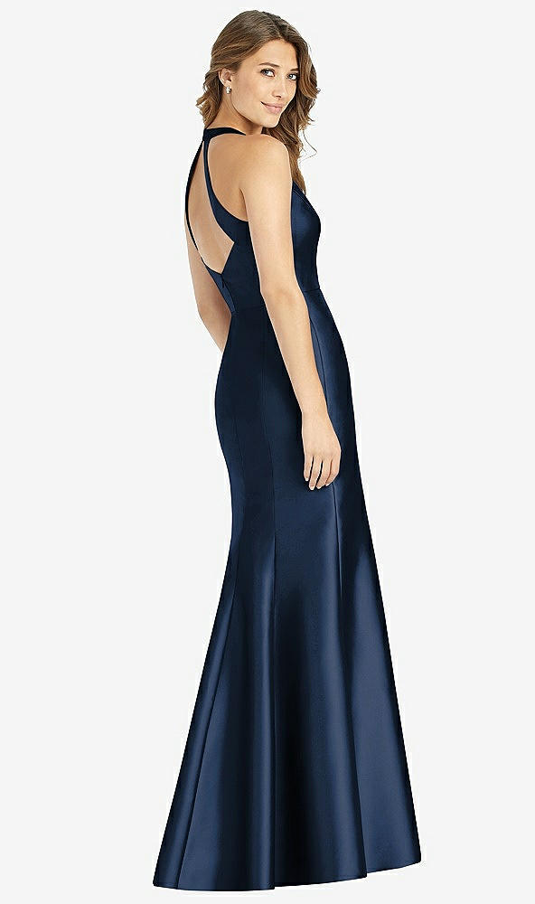 Back View - Midnight Navy V-Neck Halter Satin Trumpet Gown