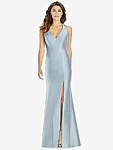 Front View Thumbnail - Mist V-Neck Halter Satin Trumpet Gown