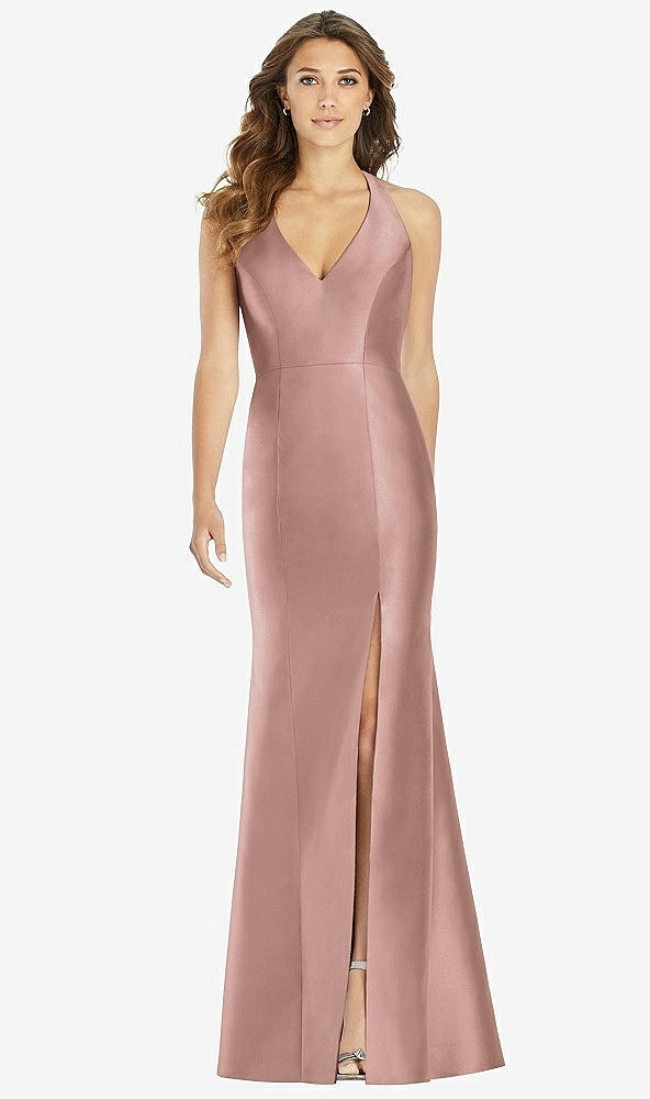 Front View - Neu Nude V-Neck Halter Satin Trumpet Gown