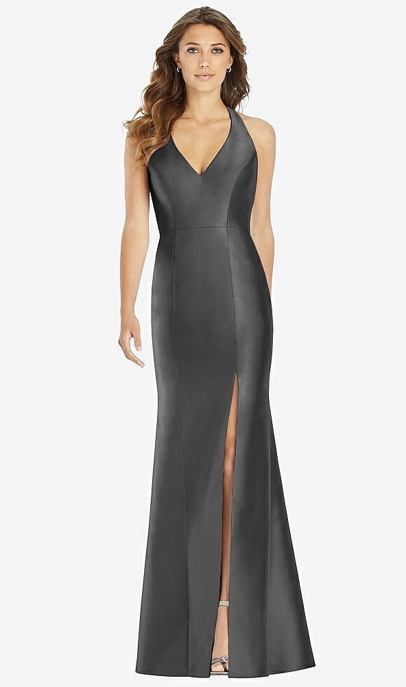 Front View - Pewter V-Neck Halter Satin Trumpet Gown