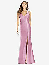 Front View Thumbnail - Powder Pink V-Neck Halter Satin Trumpet Gown