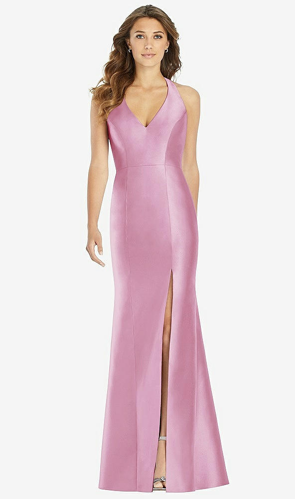 Front View - Powder Pink V-Neck Halter Satin Trumpet Gown