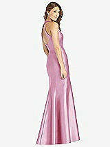 Rear View Thumbnail - Powder Pink V-Neck Halter Satin Trumpet Gown