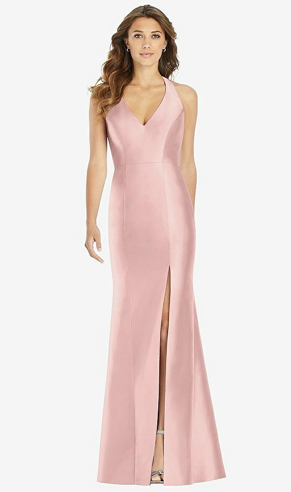 Front View - Rose - PANTONE Rose Quartz V-Neck Halter Satin Trumpet Gown