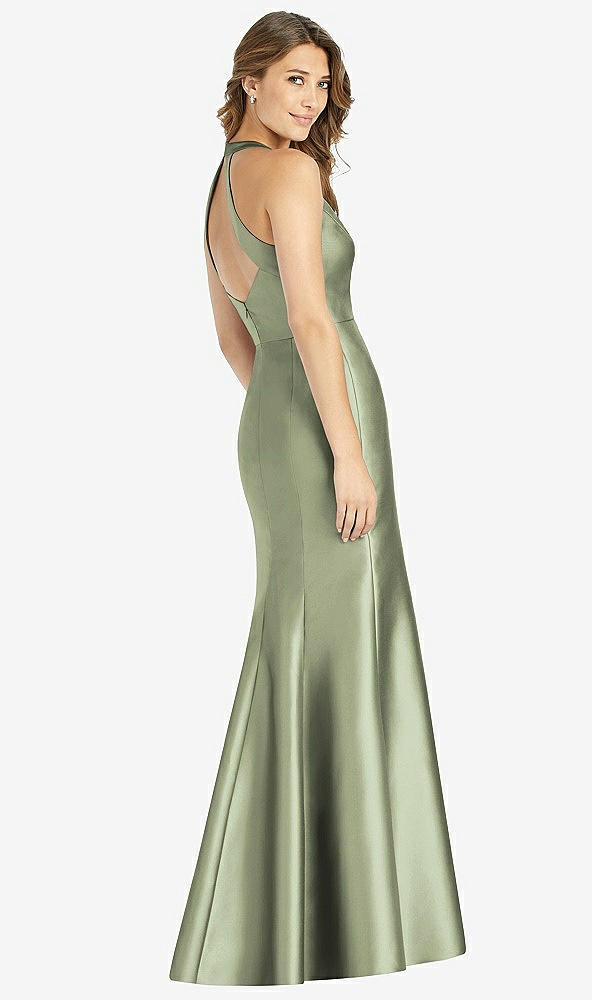 Back View - Sage V-Neck Halter Satin Trumpet Gown