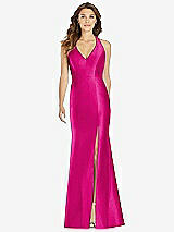 Front View Thumbnail - Think Pink V-Neck Halter Satin Trumpet Gown